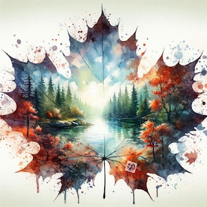 Autumn Maple Leaf Landscape: Watercolor Clip Art (JPG Digital Download)