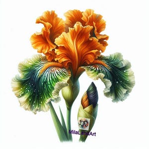 May include: A close-up of a single orange and green iris flower with a bud. The flower has a ruffled, layered appearance with a green and white center. The bud is a deep purple and orange color.