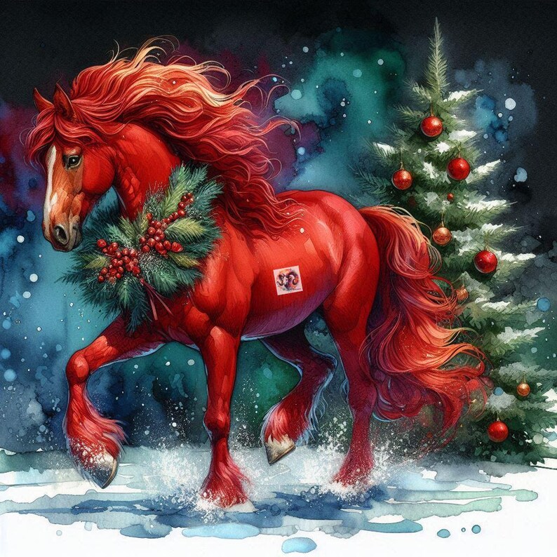 Watercolor Red Horse Clip Art – Christmas Wreath, Winter JPG (digital ...