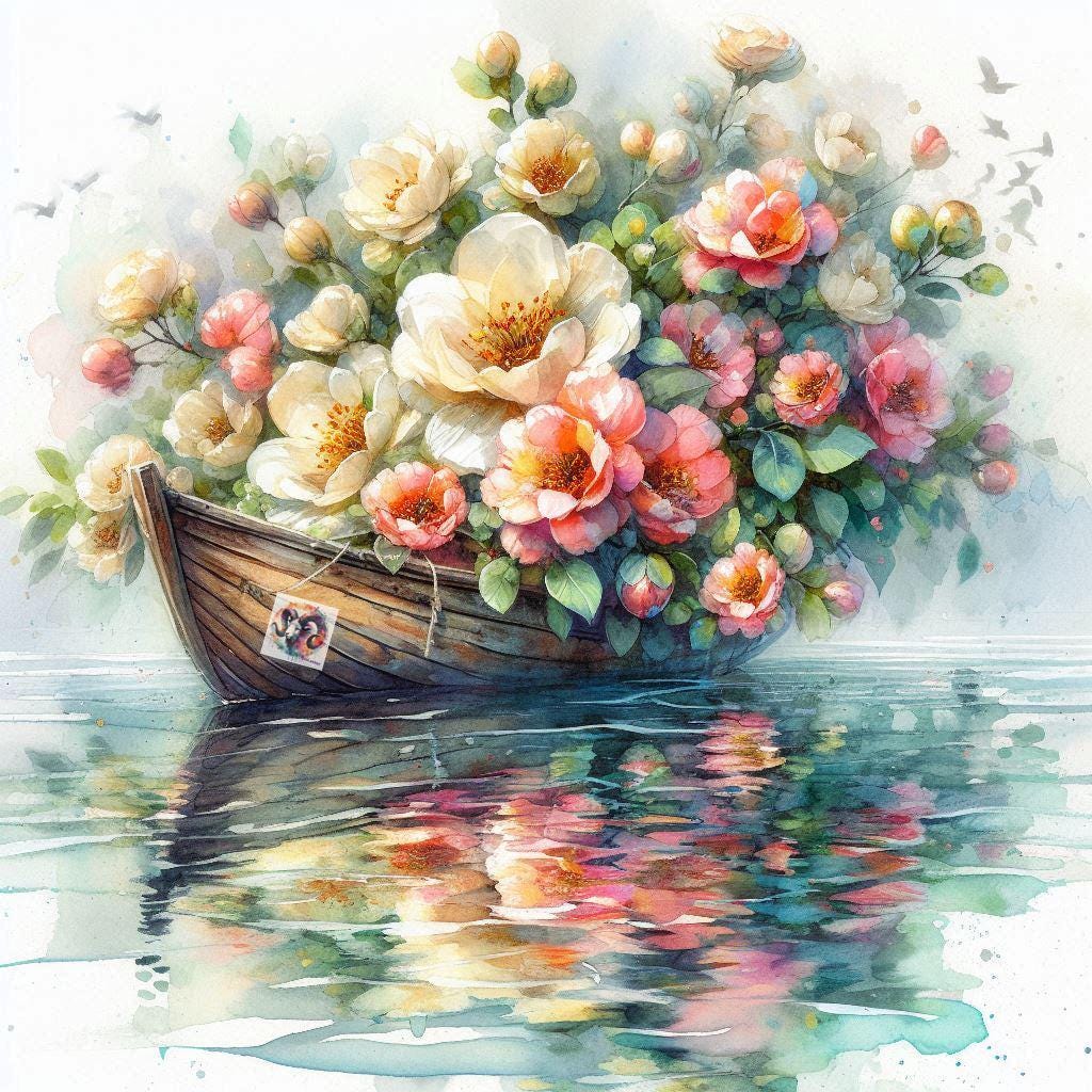 風景画 海とボート 花のアートプリント ヴィンテージボートと花の水彩画アートプリント（JPGデジタル