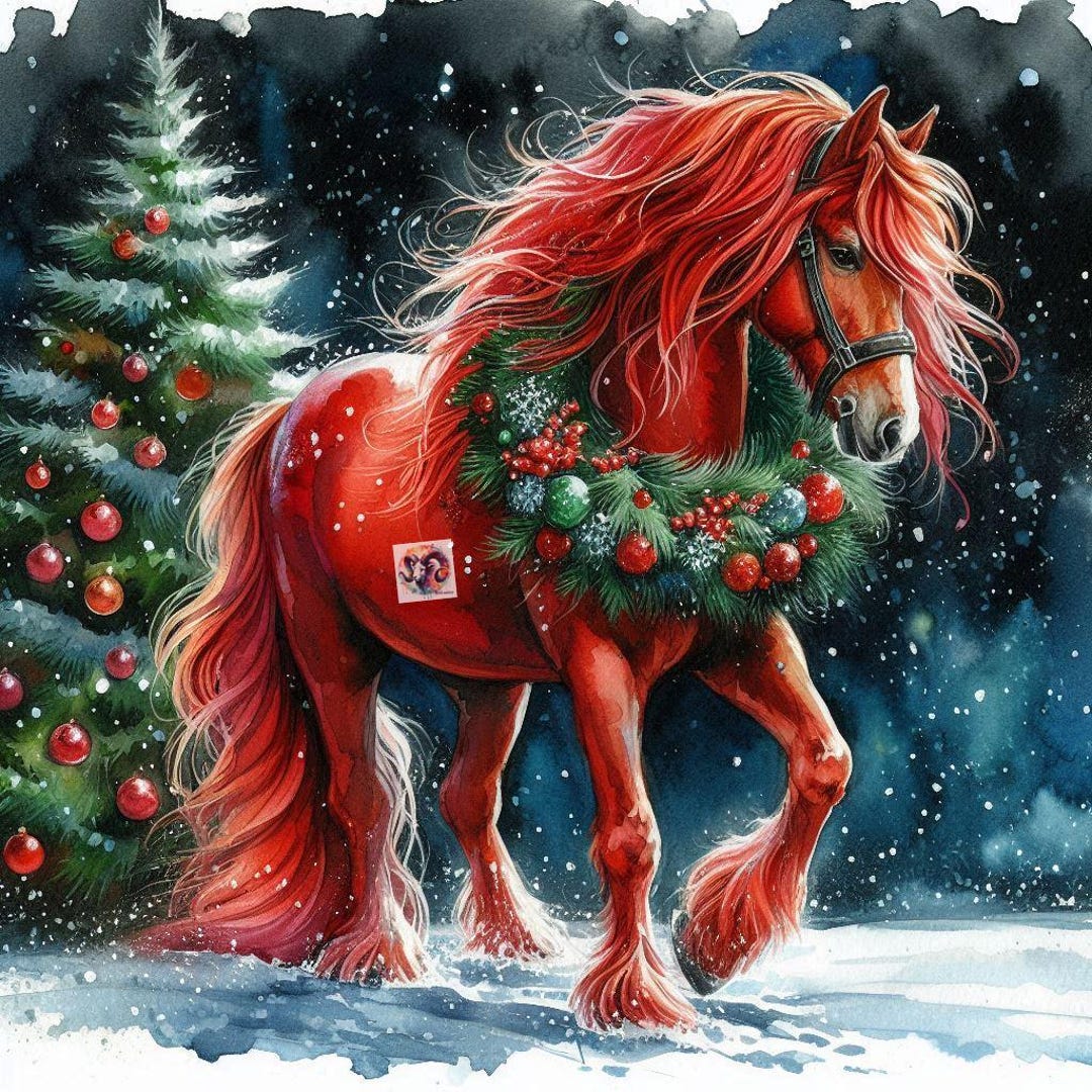 Watercolor Red Horse Clip Art – Christmas Wreath, Winter JPG (digital ...