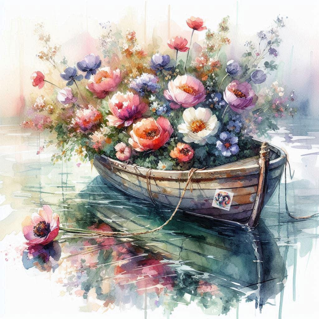 風景画 海とボート 花のアートプリント ヴィンテージボートと花の水彩画アートプリント（JPGデジタル