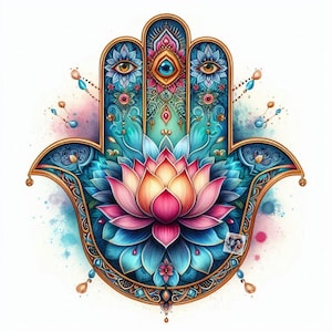 May include: A colourful hamsa hand with intricate details, featuring a blue and pink lotus flower in the centre. The hamsa is a symbol of protection and good luck.