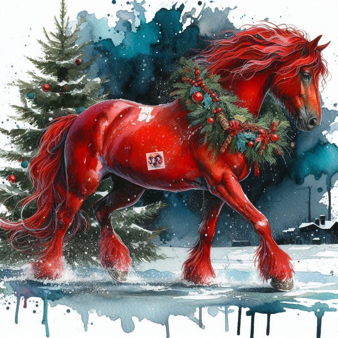 Watercolor Red Horse Clip Art – Christmas Wreath, Winter JPG (digital ...
