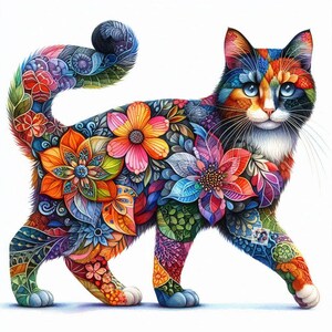 May include: A colorful cat with a floral pattern. The cat is walking with its tail curled up. The flowers are in shades of pink, orange, blue, green, and yellow.