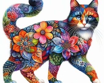 Impression d'art floral en patchwork de chats : style Aquarelle (téléchargement numérique)