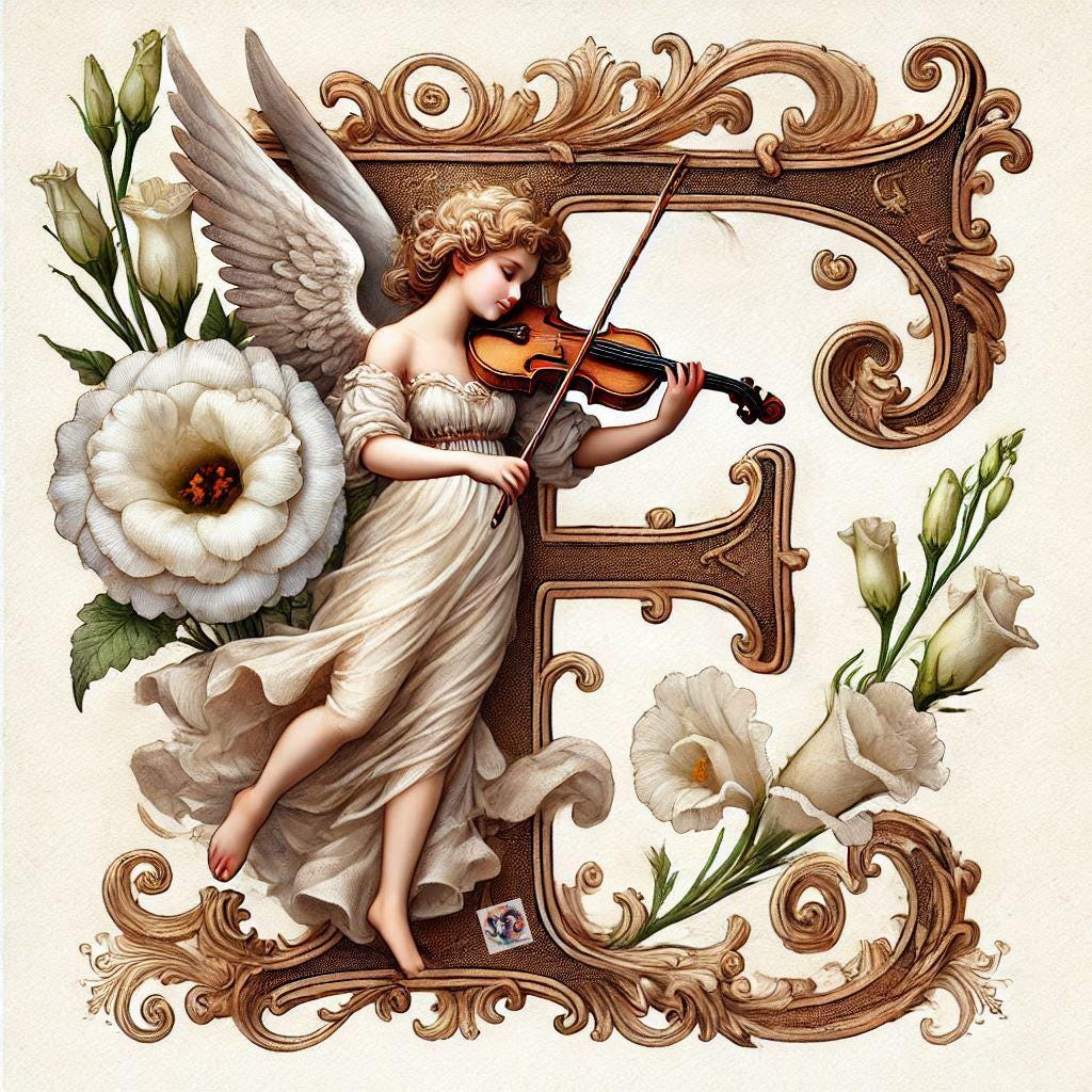 Angel Initial Floral Angel Initial A Art Print: Gold Letter, Violin (digital Download ...