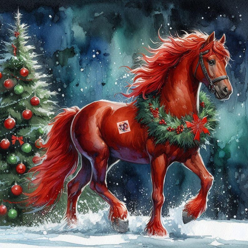 Watercolor Red Horse Clip Art – Christmas Wreath, Winter JPG (digital ...