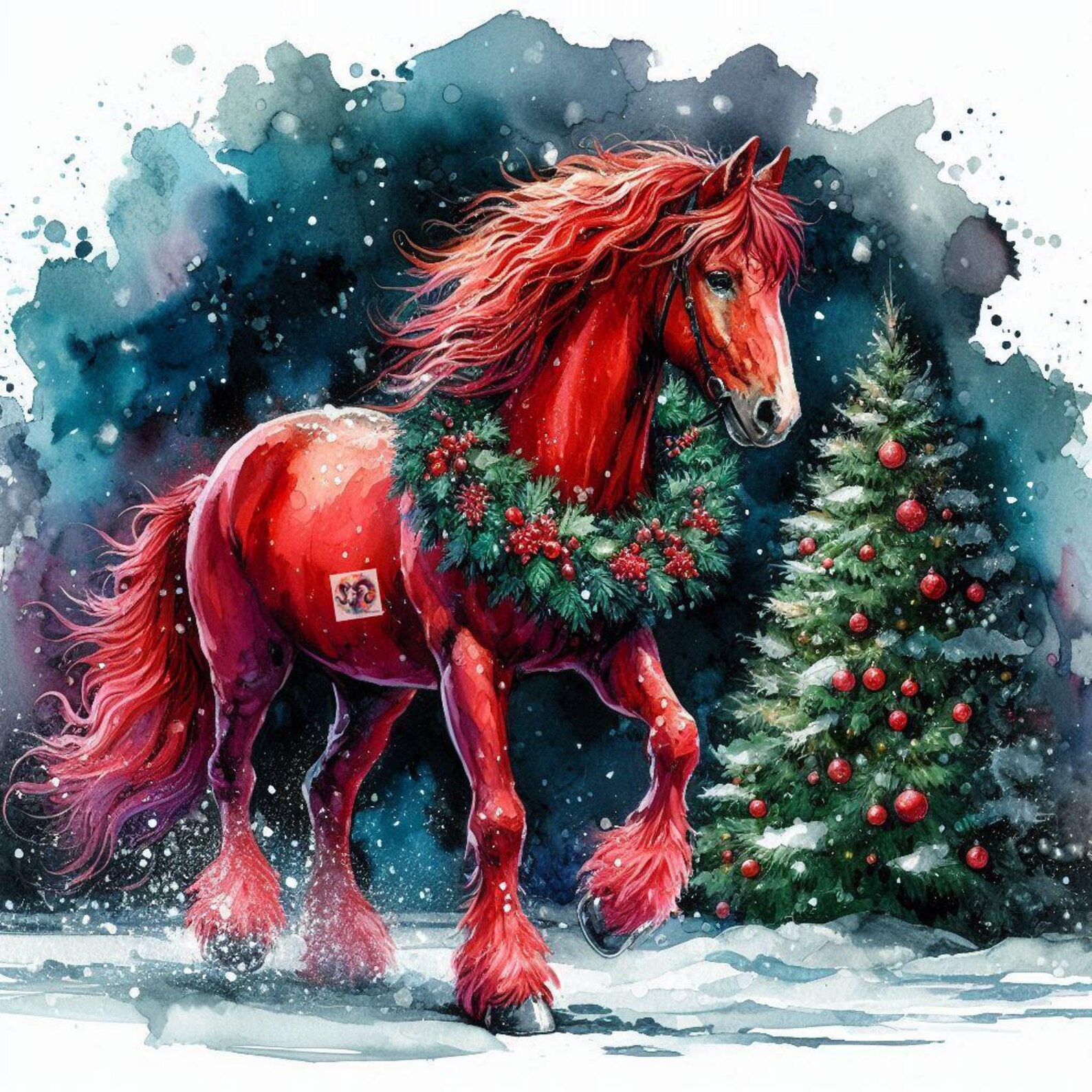 Watercolor Red Horse Clip Art – Christmas Wreath, Winter JPG (digital ...