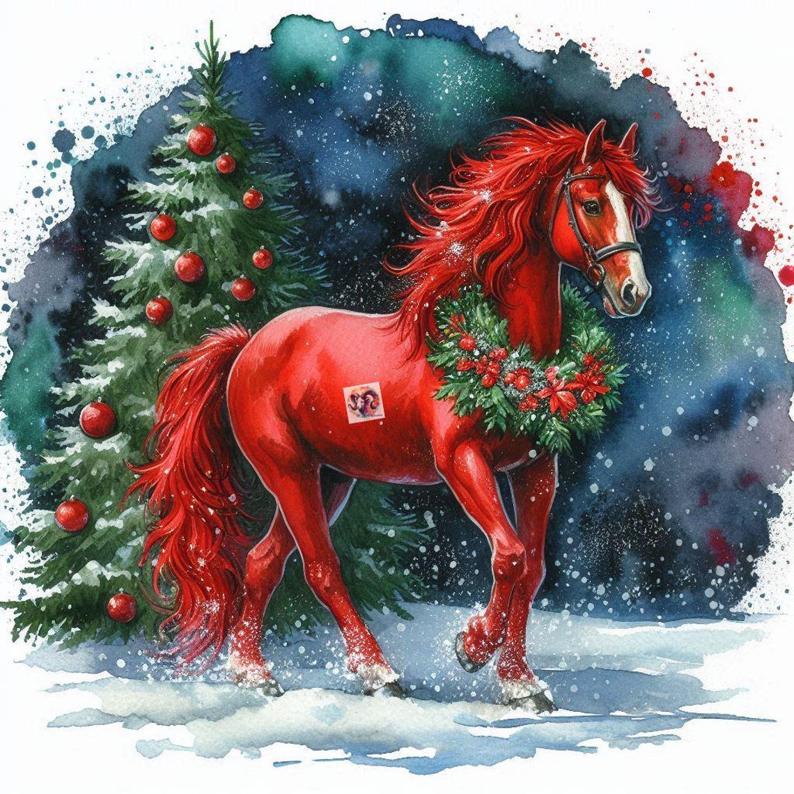 Watercolor Red Horse Clip Art – Christmas Wreath, Winter JPG (digital ...