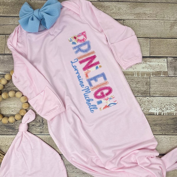 BABY GIRL gown, Custom embroidered girls gown, baby girl personalized knotted gown, newborn outfit monogrammed, monogrammed baby gown