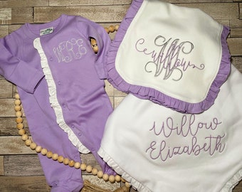 baby girl coming home set, baby girl sleeper, lavendar baby outfit