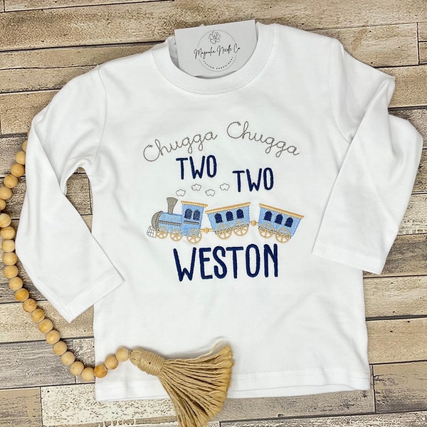 Embroidered train birthday shirt, boys train shirt, custom train birthday shirt, embroidered train shirt, Chugga chugga two two