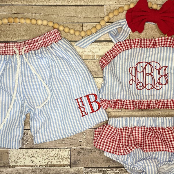 kids Monogrammed bathing suits, Kids Embroidered bathing suits, seersucker swim suits