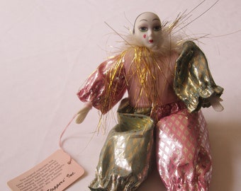Vintage Show Stoppers, Inc. Clown Doll, Pink & Silver/Grey 7", with Original Tags, Hand Painted, has Face Paint (Heart) Wear (Pictured)