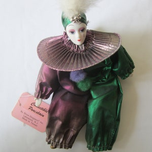 Vintage Show Stoppers, Inc. Clown Doll, Purple & Green 7&quot;, with Original Tags, slight Sun-Fade on Right (Purple) Side (Pictured)
