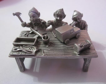 Vintage Pewter, Xmas Santa's Elves in Toy Workshop, by Pewter Port, Great Shape, Very Fine Detail, One Owner