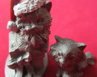 Vintage Pewter Felines, GS Christmas Cat with Red Hat & Present + Spoontiques Long-Hair Kitten, Great Condition, One Owner