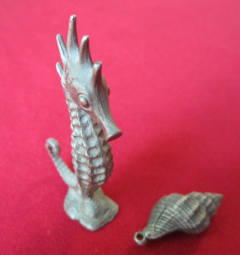 Vintage Pewter, Standing Seahorse Figurine and Seashell Pendant, Fine