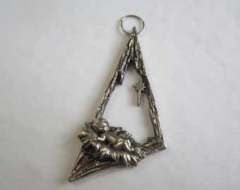 Vintage Pewter Christmas Ornament, Baby Jesus in Manger with North Star, 3 pointed (Trinity: Father, Son, Holy Ghost), Fine Detail,One Owner