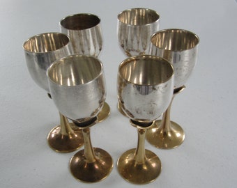 Vintage Silver (top) & Brass (bottom) Aperitif Goblets, Detachable Stems, Some Wear and Pitting on 5, heavier wear on 1 (pictured)