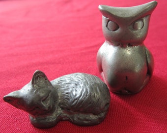 Vintage Pewter, 1980 Owl by Nutmeg Pewter and  Sleeping Pussy-Cat (origin unknown), Good Condition, One Owner
