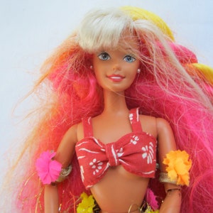 Vintage Barbie, 1993 Rainbow Hula Hair, by Mattel, Made in Indonesia, with Grass Skirt, Matching Top, Gold Skirt, Orange & Gold Bottom
