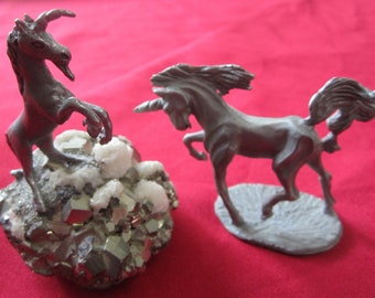 Vintage Pewter, Rearing Unicorn on Pyrite/Snow Quartz Cluster + Prancing Unicorn, Manufacturer Unknown, Great Condition, One Owner