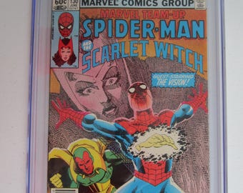 Vintage Comic Book, 1983 Marvel Team-Up, #130 Spider-Man & Scarlet Witch, CGC 8.5, Scarce Newsstand, White Pages, Feat. Vision + Necrodamus