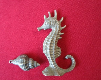 Vintage Pewter, Standing Seahorse Figurine and Seashell Pendant, Fine Detail, Manufacturers Unknown, One Owner