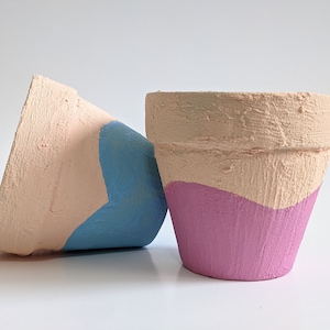 Puede incluir: Dos macetas de terracota pintadas en un esquema de color de dos tonos. Una maceta está pintada de rosa y beige, y la otra está pintada de azul y beige.