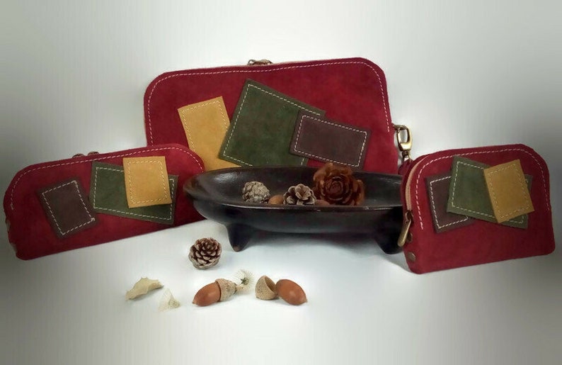 multipurpose handbag leather Set of Purse with card leather inspired by patchwork unique and exclusive. cases glass leather