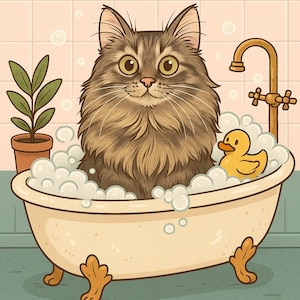 Custom Cartoon Cat Print – Personalised Pet Portrait in Bathtub Scene – Digital Download