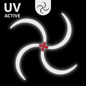 Może przedstawiać: Biały symbol z czterema zakrzywionymi ramionami, przypominający swastykę, z czerwonym krzyżem w środku. Tekst "UV ACTIVE" jest wyświetlany nad symbolem.