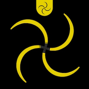Op de afbeelding: Een geel swastika-symbool met vier gebogen armen, elke arm is een halve maan. Het symbool bevindt zich op een zwarte achtergrond.