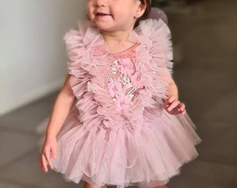 Boho Birthday Tutu Dress/Birthday Outfit/Girl's Birthday Dress/Photoshoot Outfit/Photoshoot Dress/Vintage pink romper ,dusky pink tutu