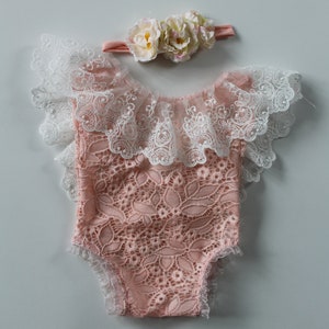baby girl photo props outfit, newborn lace outfit, baby girl lace outfit, peach lace outfit, lace outfit, flower headband, lace props, girl