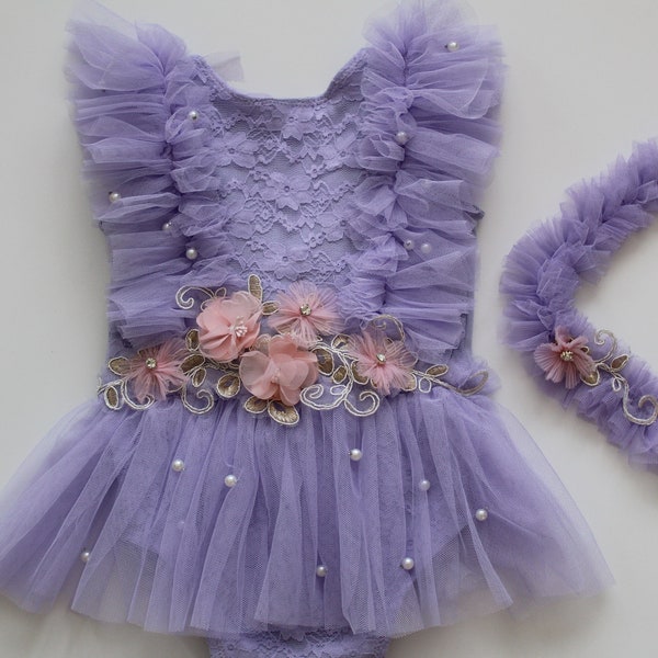 purple outfit with pearls with matching baby headband, first birthday, smash cake , newborn props, tulle skirt, sitter props, photo props