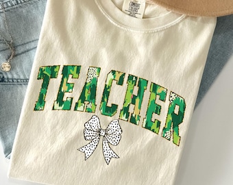 Comfort Colors® Teacher Sweatshirt Camo Letter Design Bow Graphic Tee