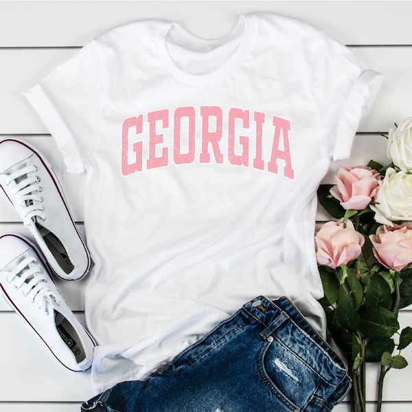 Georgia Shirt, Georgia Gift, Cute Georgia Clothing, Game Day Apparel, Georgia College Style Block Font Pink Print Shirt, Georgia Travel Gift