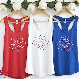 Patriotic Racerback Tank Top, Fireworks Print Women Tee