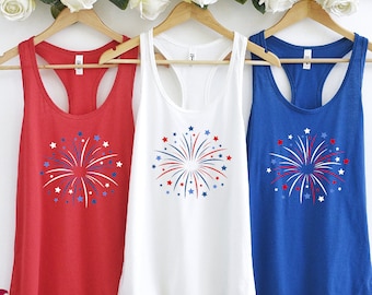Patriotic Racerback Tank Top, Fireworks Print Women Tee