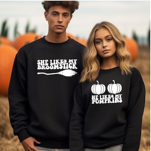 Funny Halloween Couple Sweatshirts She Likes My Broomstick He Likes My Pumpkins Matching Fall Hoodies Spooky Season Party Shirts for Two