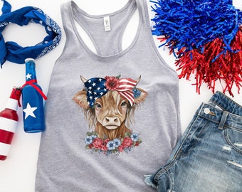 Funny 4th of July Highland Cow Tank Top - Floral Patriotic Style