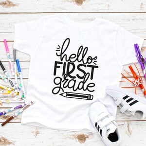 Hello First Grade Shirt: Back to School Kids Tee with Pencil Design