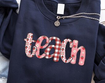 Teach Sweatshirt Faux Patch Letter Design Teacher Graphic Crewneck Casual School Style