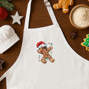 Cool Gingerbread Man Apron Funny Christmas Baking Apron Holiday Cookie Kitchen Gift with Santa Hat and Lights Festive Apron for Adults Kids