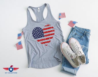Women's Racerback Tank Top: Heart American Flag - Red, White & Blue