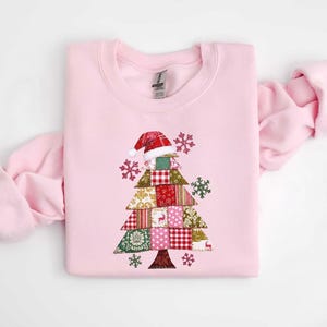 Christmas Sweatshirt, Patchwork Tree With Santa Hat Graphic | Cotton-Poly Blend | Festive Winter Crewneck