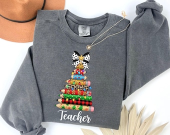 Comfort Colors® Teacher Christmas Sweatshirt, Pencil Tree Design Holiday Shirt